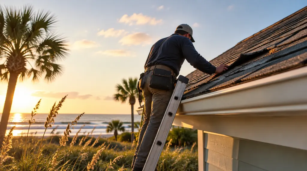 A roofer inspecting storm-damaged shingles from a ladder in North Myrtle Beach, SC