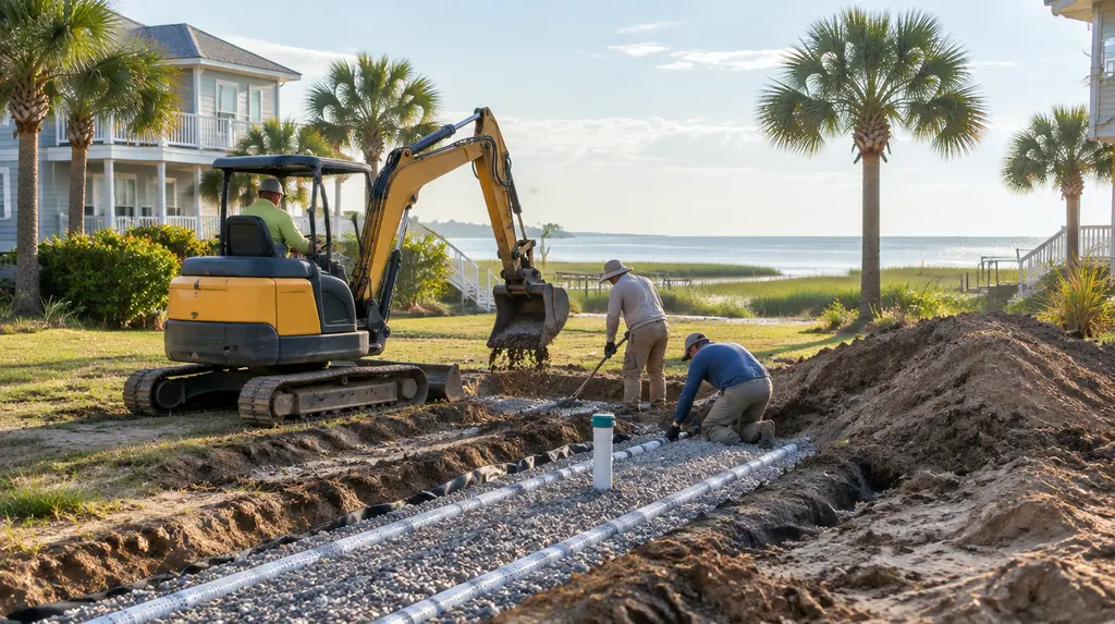 A crew repairing a drain field with a small excavator in North Myrtle Beach, SC