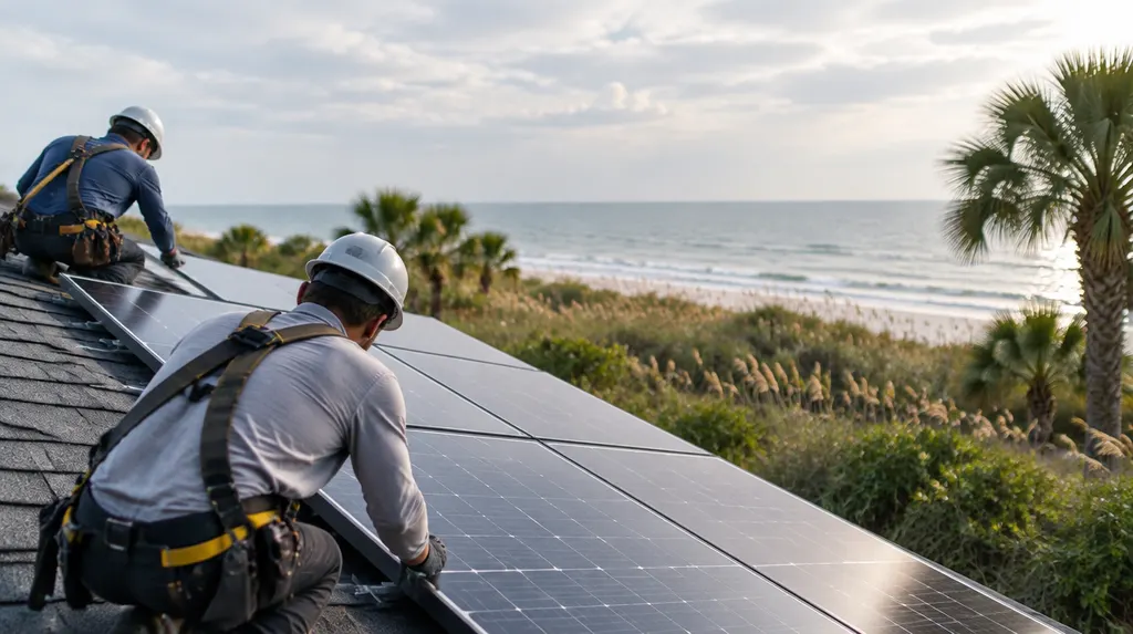 Installers mounting solar panels on a sunny roof in North Myrtle Beach, SC