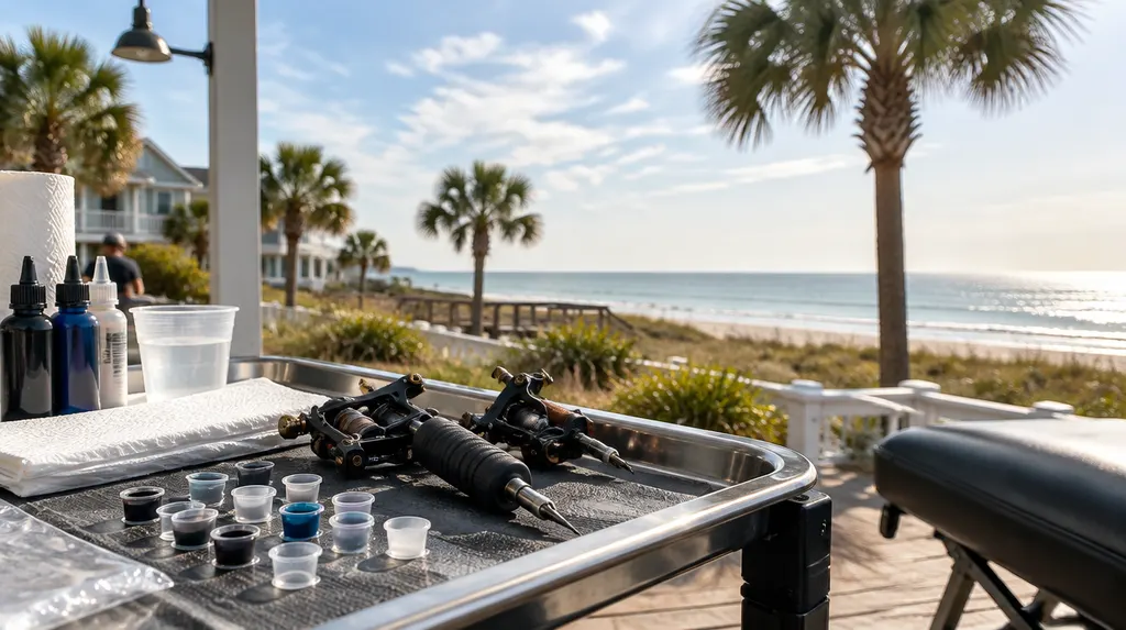 Tattoo machines and ink caps on a tray in North Myrtle Beach, SC