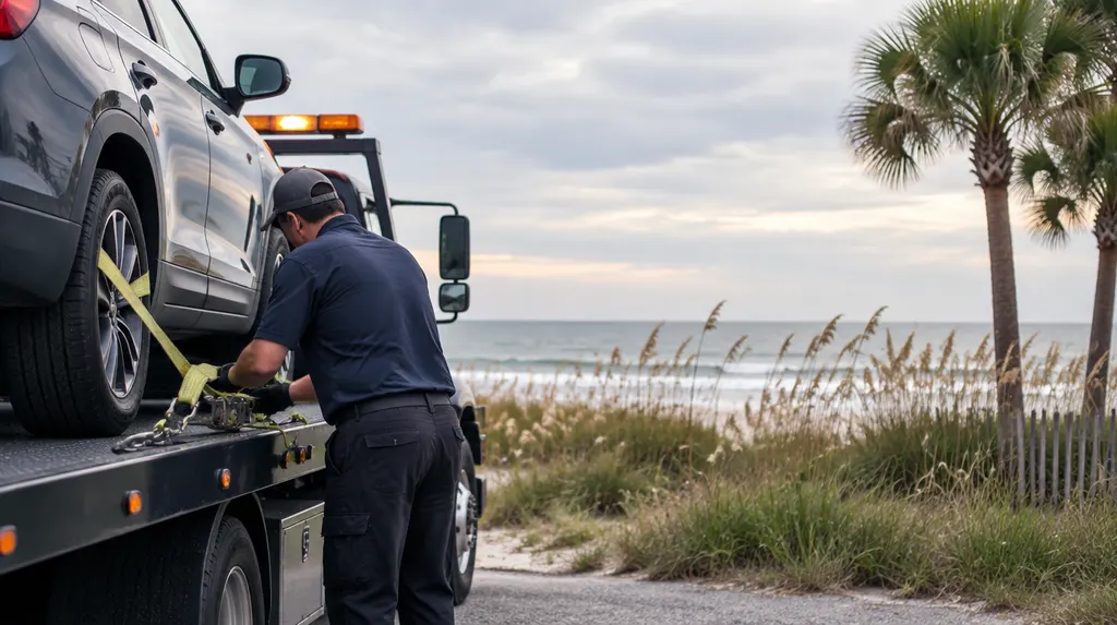 A tow truck driver securing a vehicle with straps in North Myrtle Beach, SC
