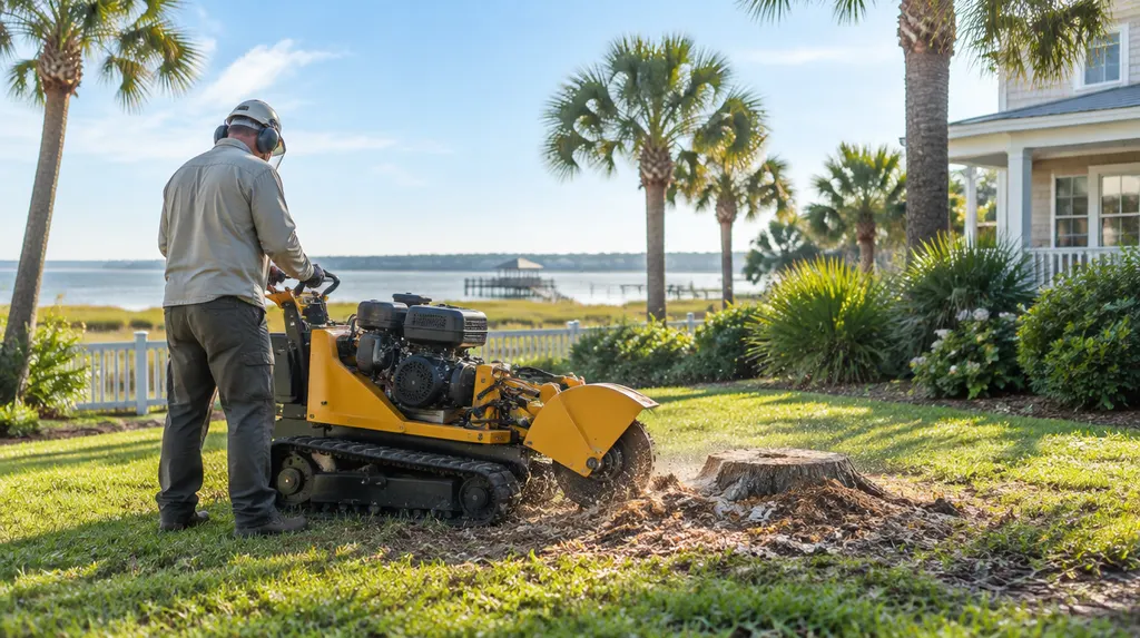 A stump grinder working in a sunny backyard in North Myrtle Beach, SC