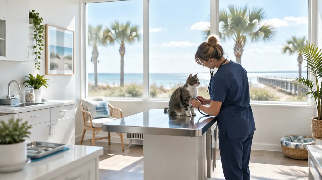 A vet checking a cat in a bright clinic in North Myrtle Beach, SC