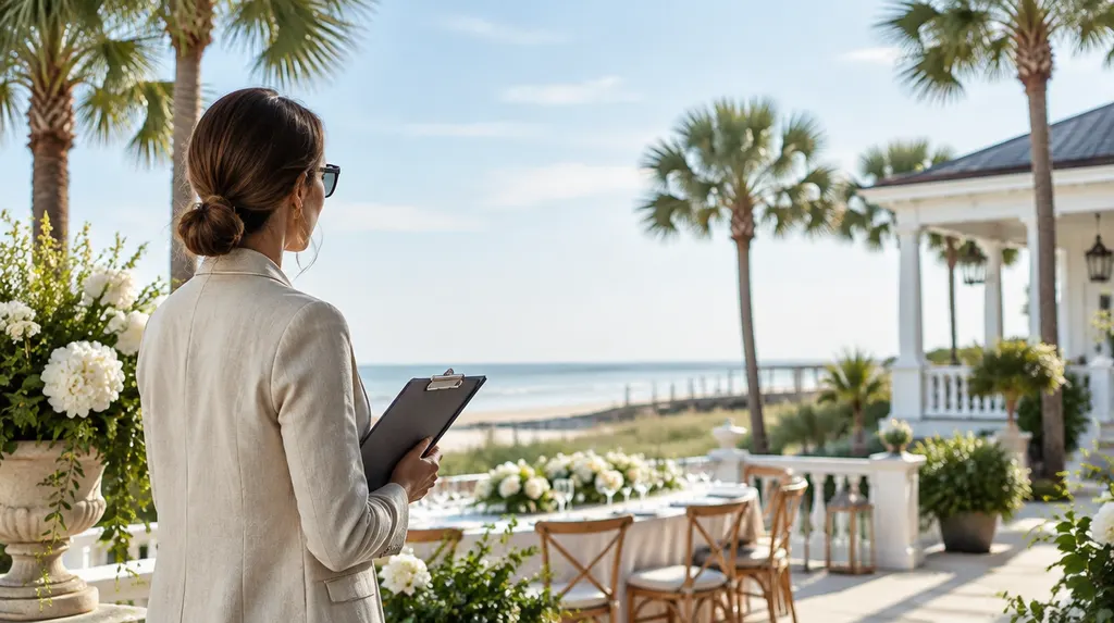A planner holding a clipboard at an elegant venue in North Myrtle Beach, SC