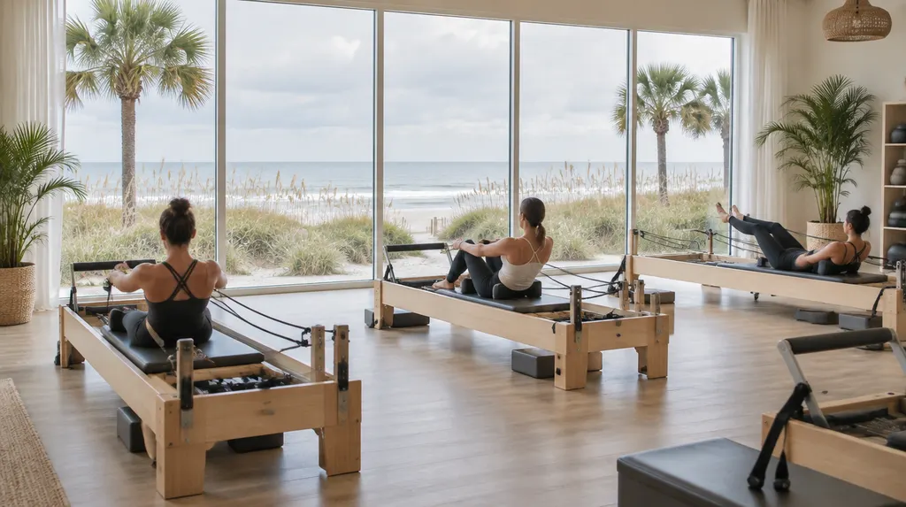Pilates reformer machines in a bright studio in North Myrtle Beach, SC