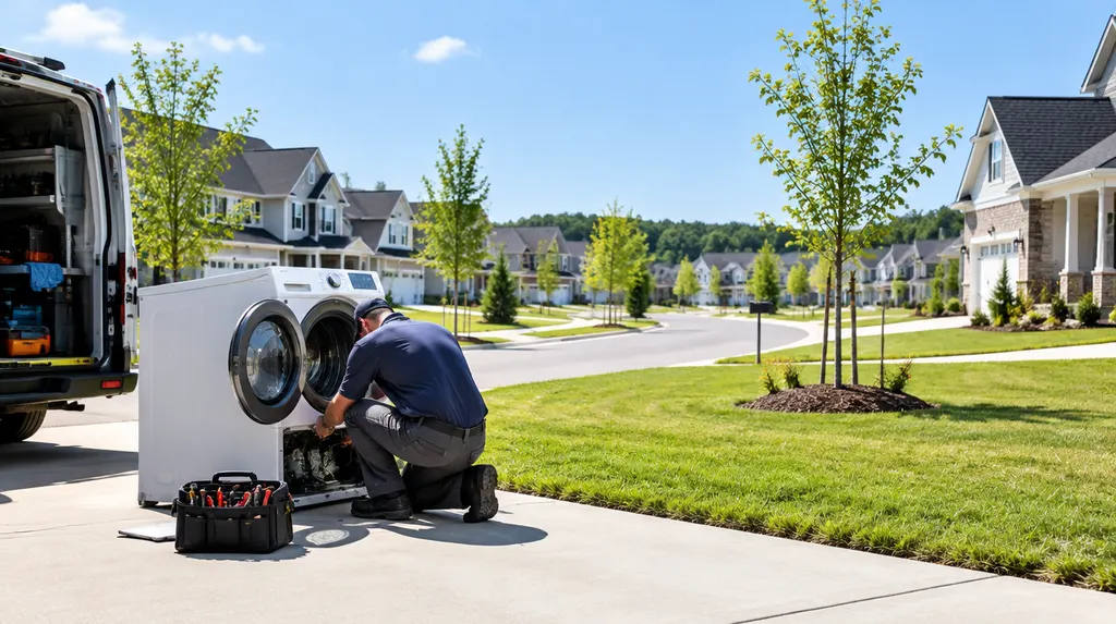 A technician fixing a front-load washer in Rock Hill, SC