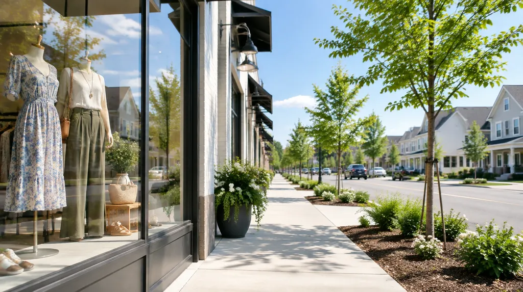 A boutique window display on a sunny street in Rock Hill, SC