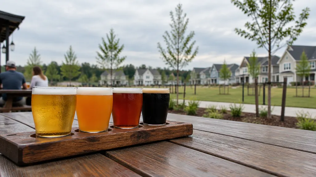 A flight of beers on a wooden board in Rock Hill, SC