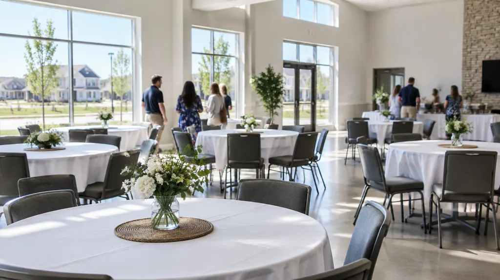 A bright community fellowship hall set for an event in Rock Hill, SC