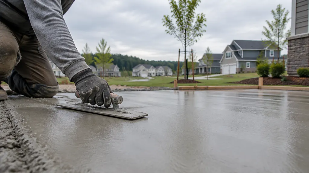 A finisher troweling a fresh patio slab in Rock Hill, SC