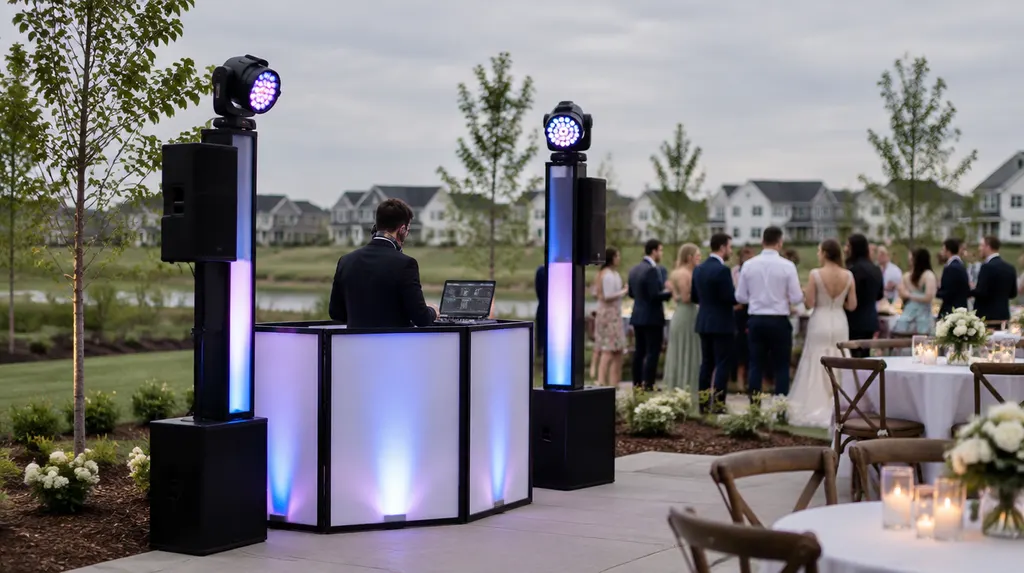 A DJ booth with lights at a wedding reception in Rock Hill, SC