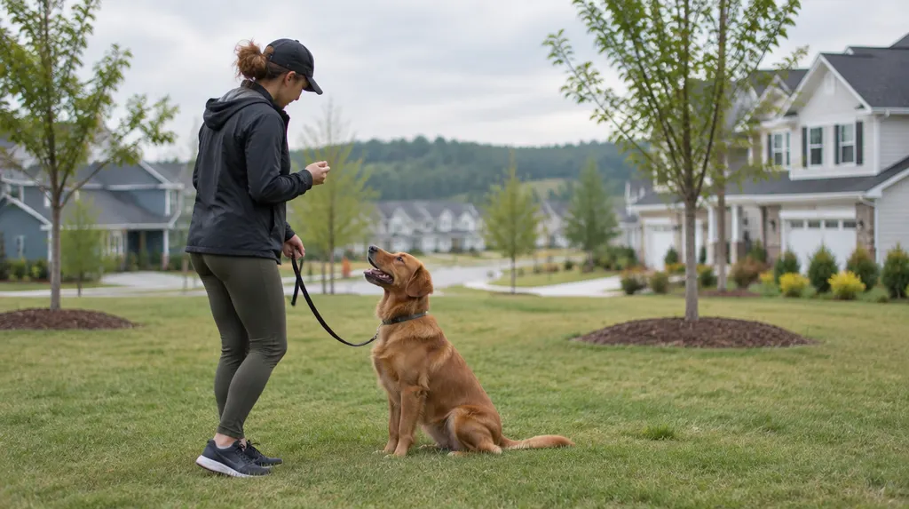 A trainer working with a dog on a leash in a yard in Rock Hill, SC