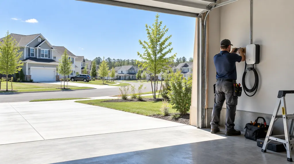 An electrician installing an EV charger in a garage in Rock Hill, SC