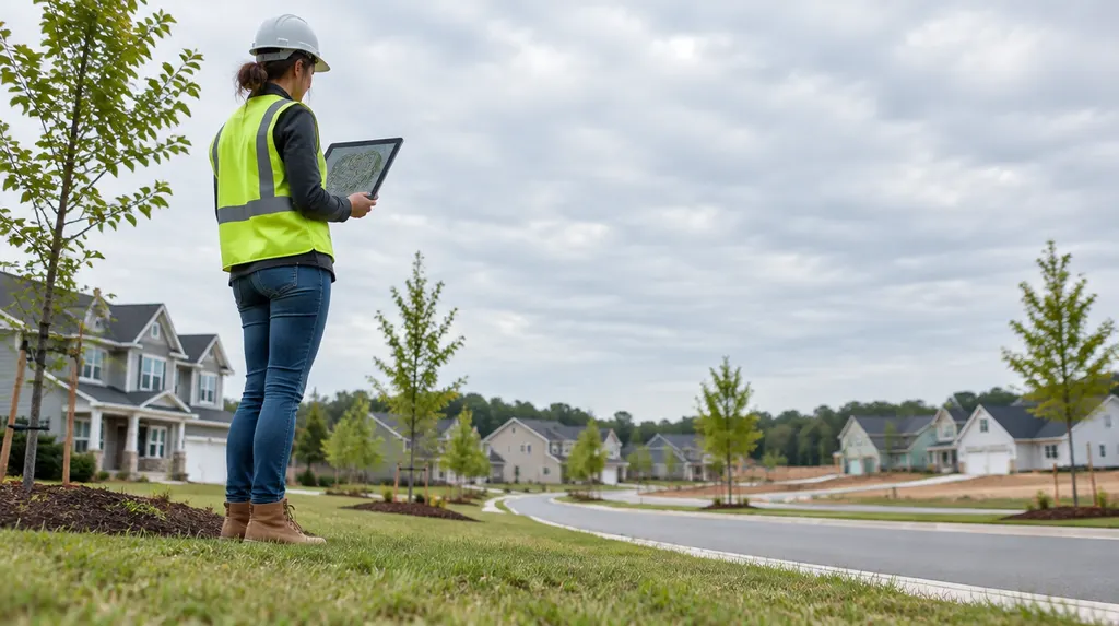 An engineer reviewing site plans on a tablet in Rock Hill, SC