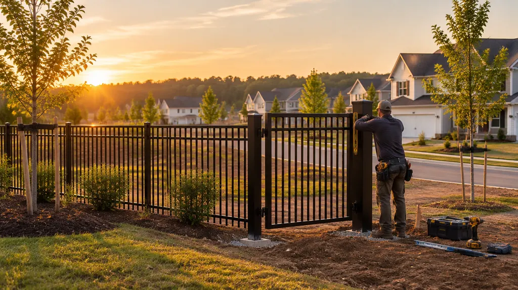 An installer hanging a black aluminum gate in Rock Hill, SC