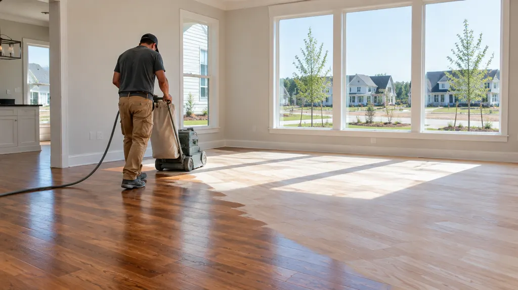 A craftsman refinishing a hardwood floor in Rock Hill, SC