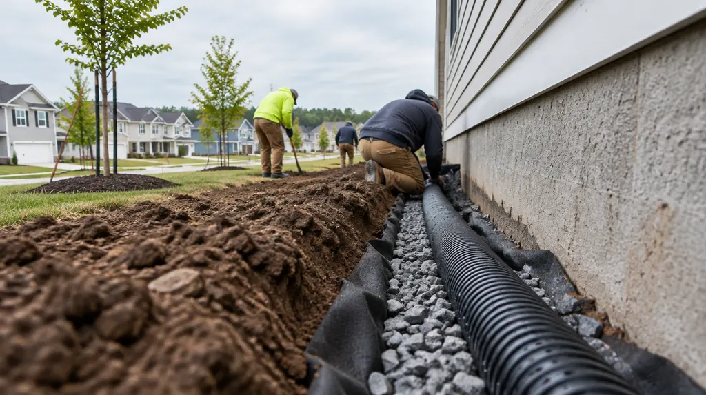 A crew installing drainage along a house foundation in Rock Hill, SC