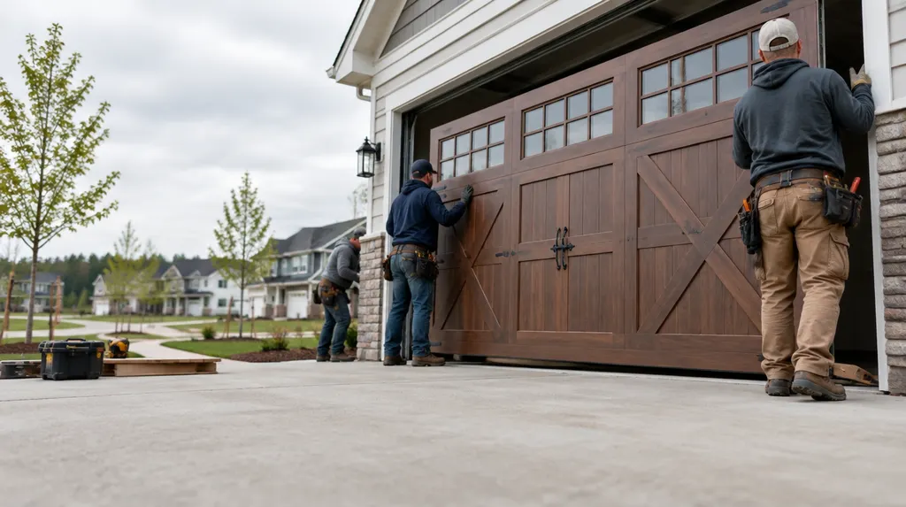 A crew installing a new carriage-style garage door in Rock Hill, SC