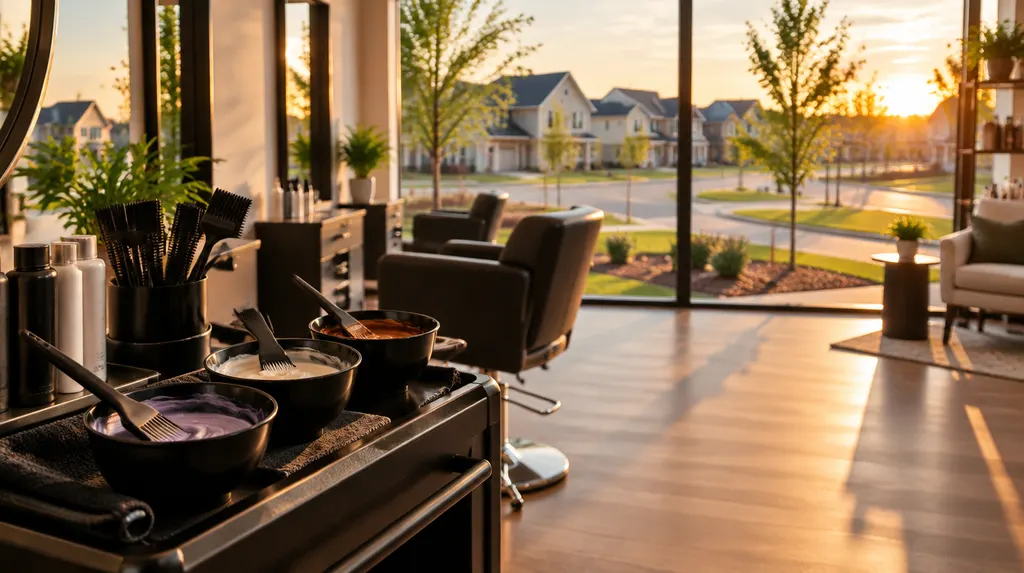 Hair color bowls and brushes on a salon station in Rock Hill, SC