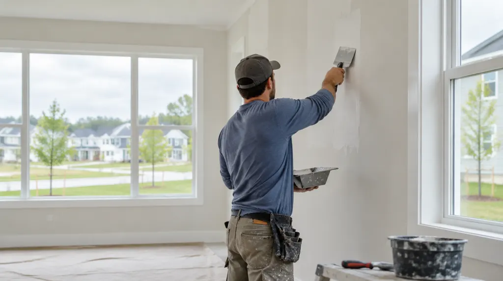 A handyman patching drywall in a bright room in Rock Hill, SC