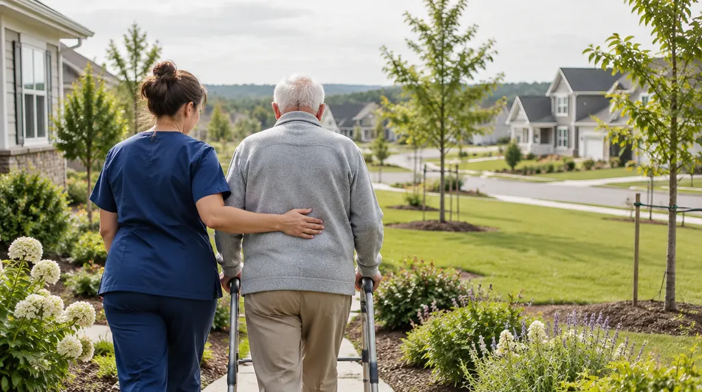 A caregiver helping an older man walk in a sunny garden in Rock Hill, SC