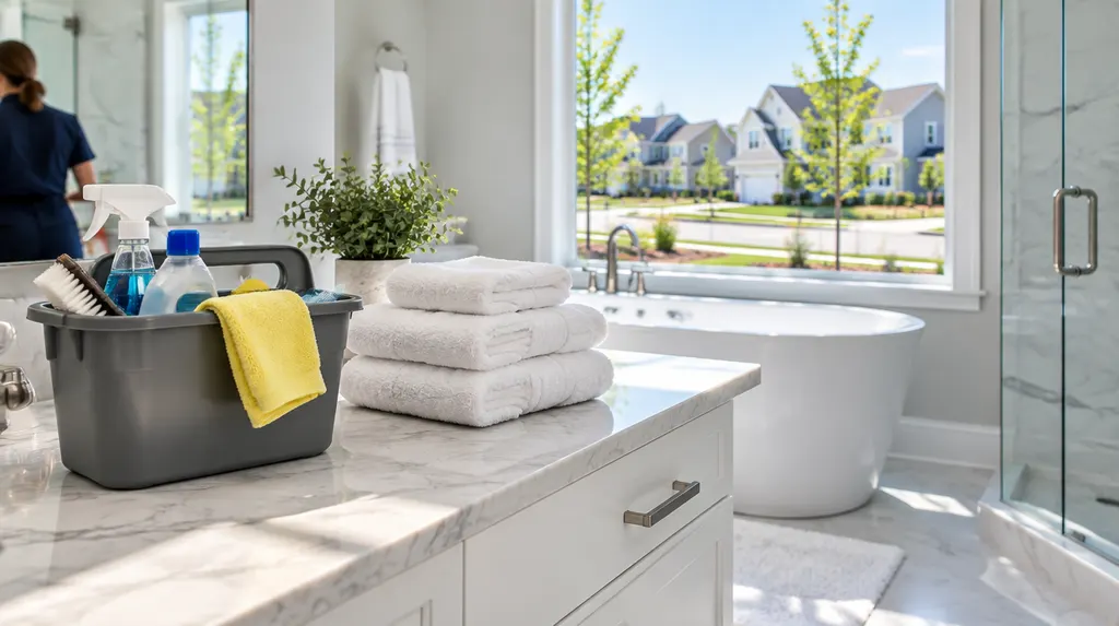 A cleaning caddy and fresh towels in a spotless bathroom in Rock Hill, SC