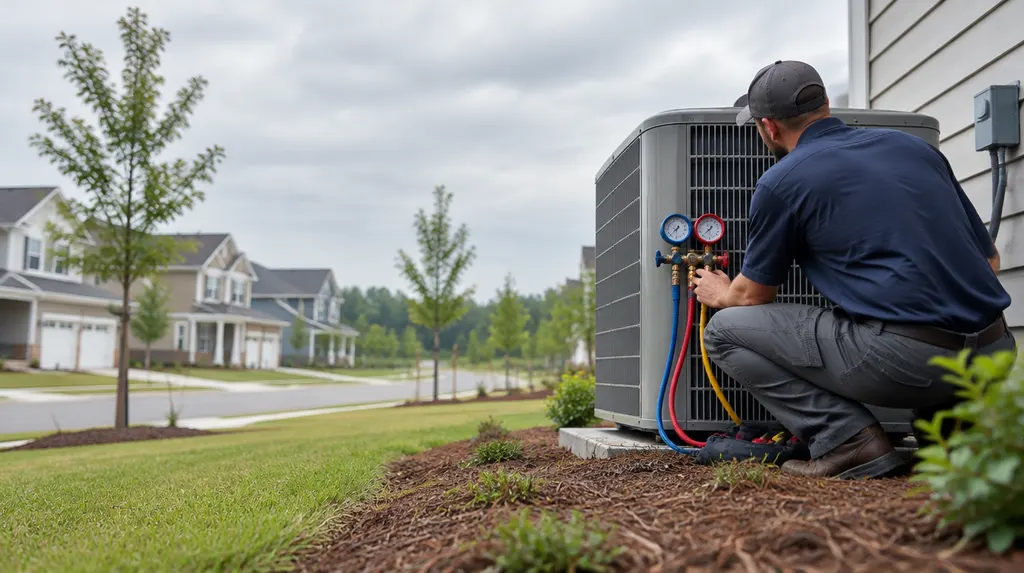 A technician checking a heat pump with gauges in Rock Hill, SC