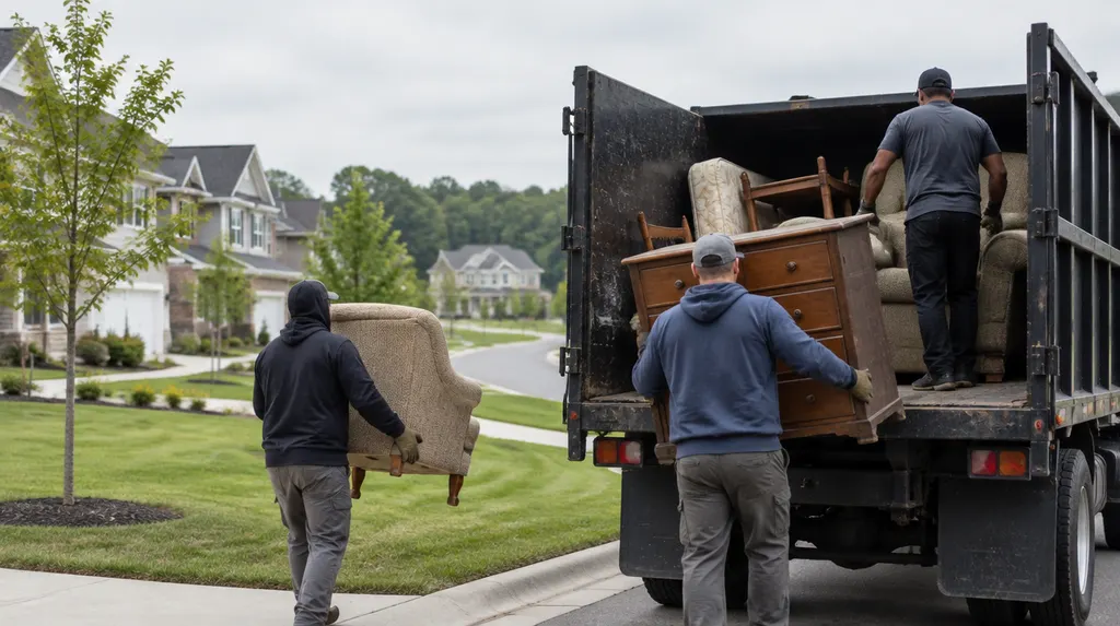 A crew loading old furniture into a junk removal truck in Rock Hill, SC