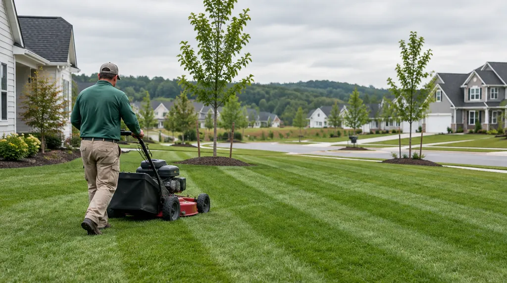 A landscaper mowing a striped green lawn in Rock Hill, SC
