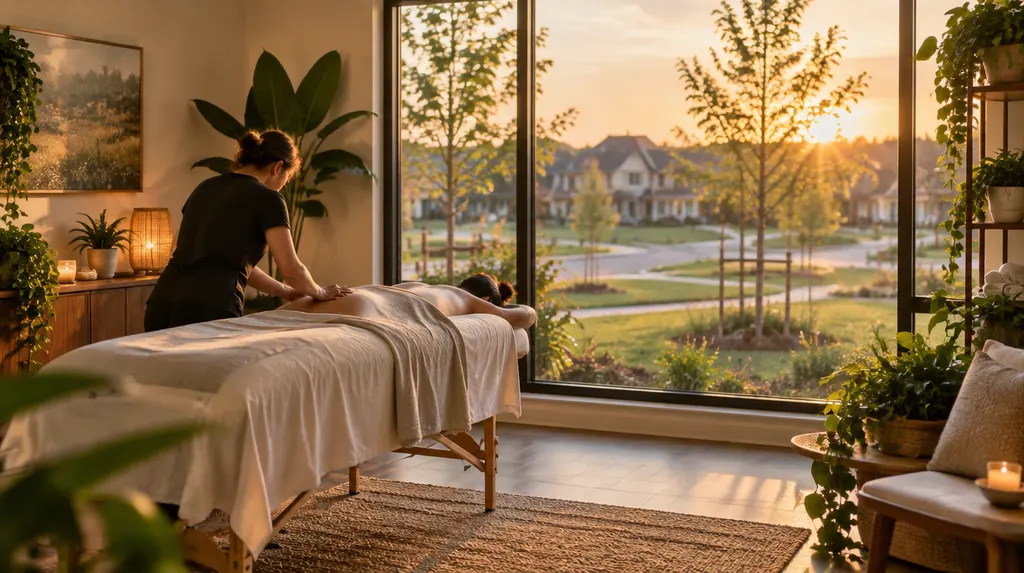 A massage studio with soft light and plants in Rock Hill, SC