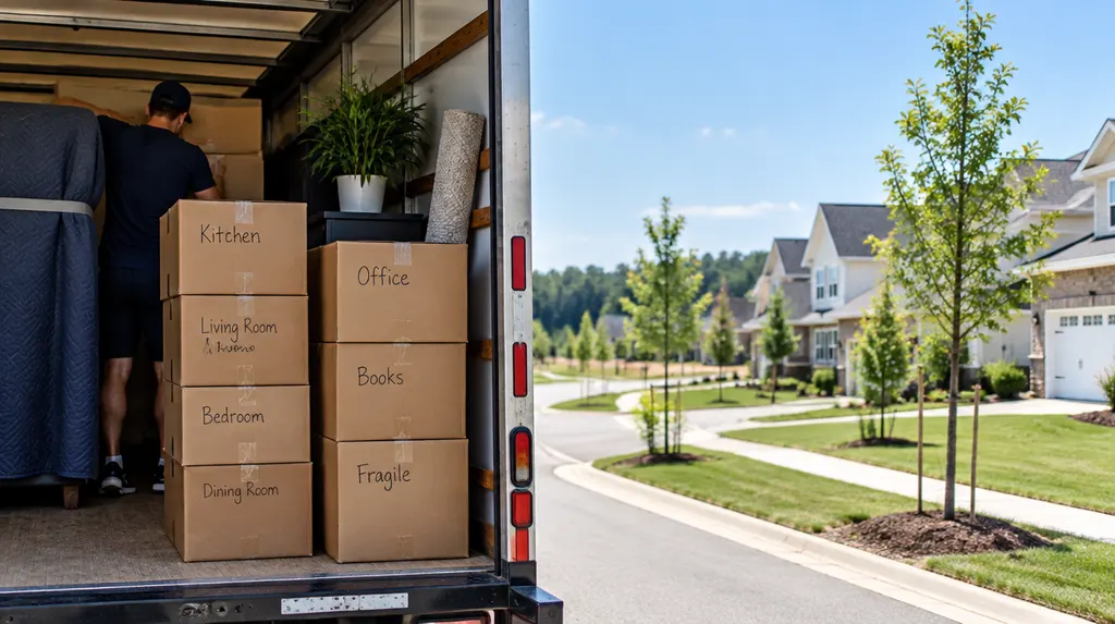 Neatly stacked labeled boxes in a moving truck in Rock Hill, SC