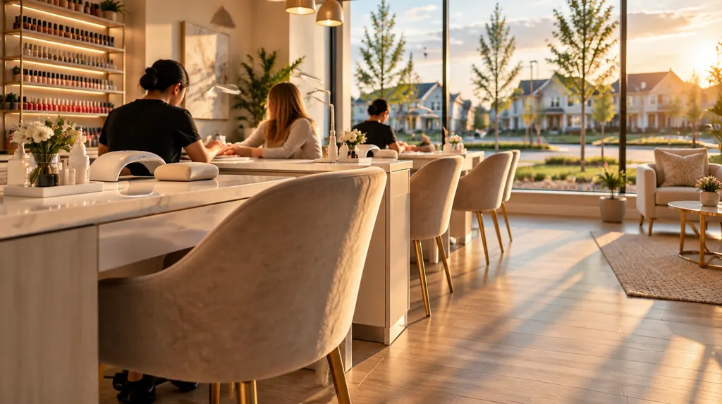 A bright nail salon with manicure tables in Rock Hill, SC