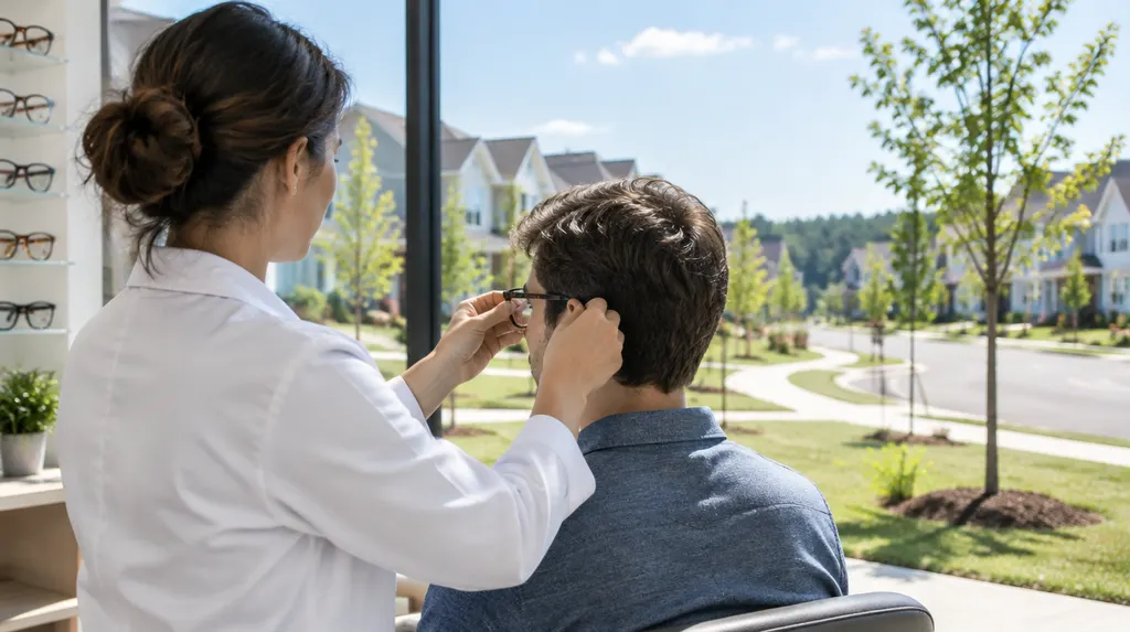 An optician adjusting glasses in Rock Hill, SC