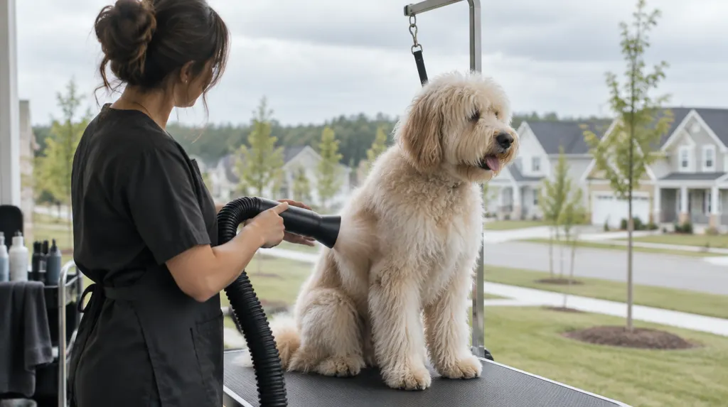 A groomer drying a fluffy dog in Rock Hill, SC