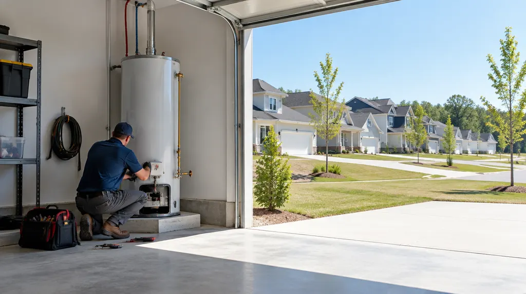A plumber installing a tank water heater in a garage in Rock Hill, SC
