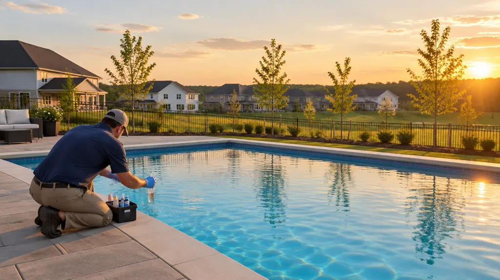 A clean blue pool with a technician testing the water in Rock Hill, SC