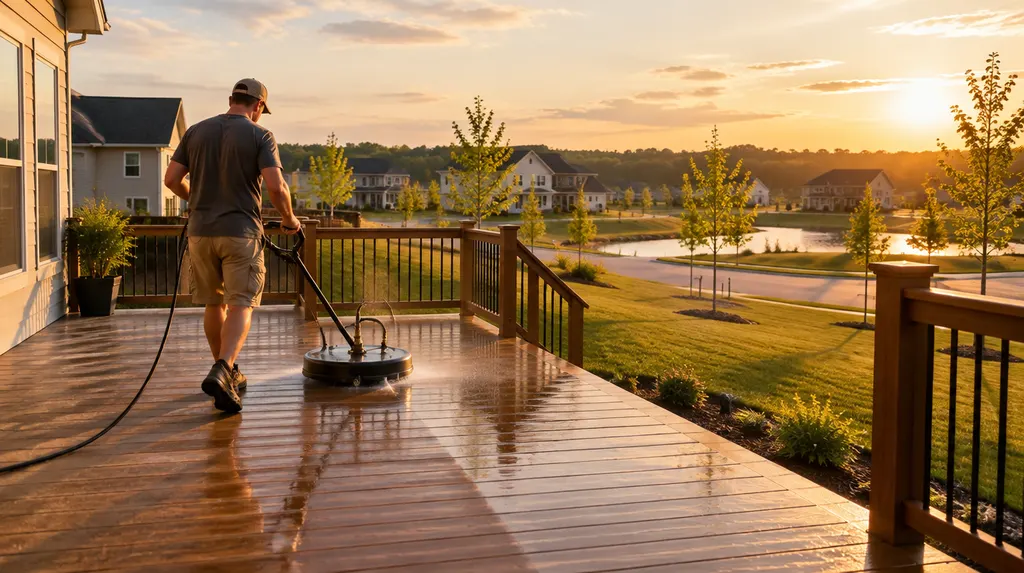 Cleaning a wooden deck with a surface cleaner in Rock Hill, SC