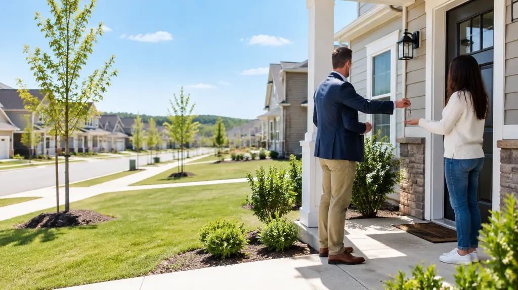 A manager handing keys to a tenant at a front door in Rock Hill, SC