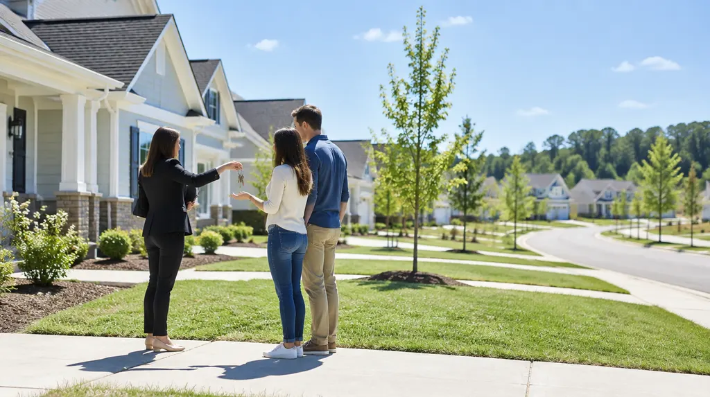 An agent handing keys to new homeowners outside a house in Rock Hill, SC