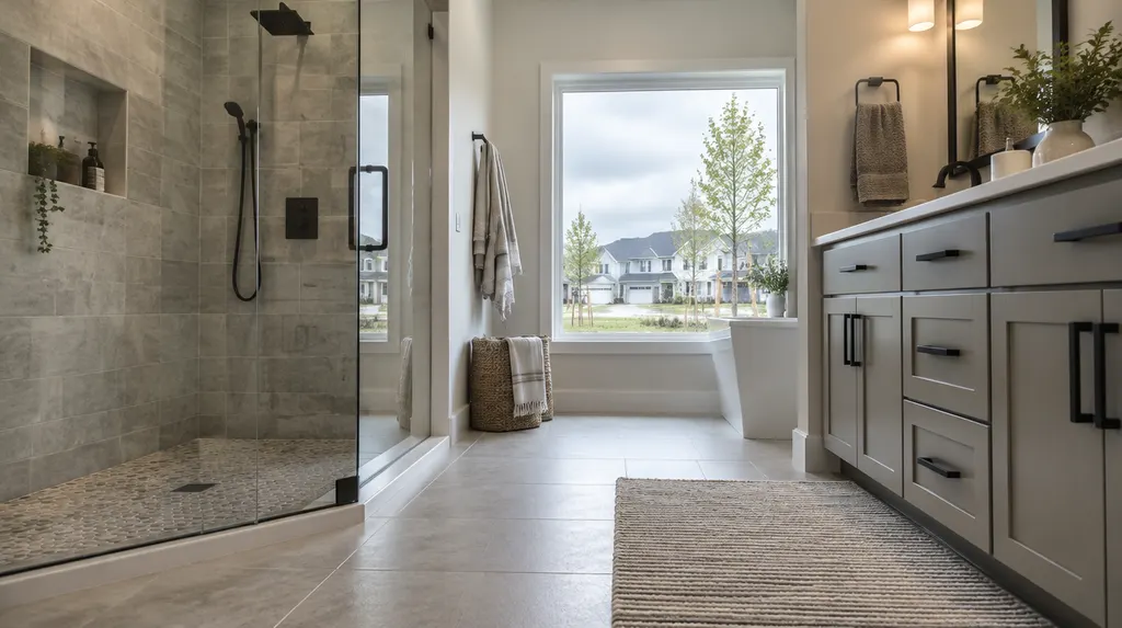 A finished modern bathroom remodel with a walk-in shower in Rock Hill, SC