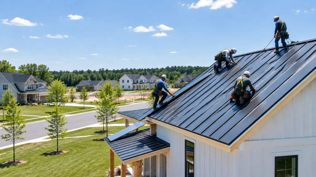 A roofing crew installing a standing-seam metal roof in Rock Hill, SC