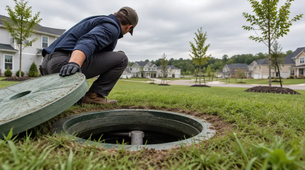 A technician inspecting an open septic tank lid in a yard in Rock Hill, SC