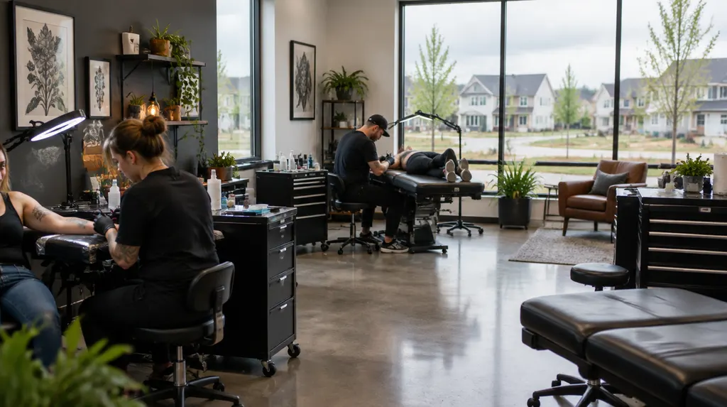 A clean modern tattoo studio with artist stations in Rock Hill, SC