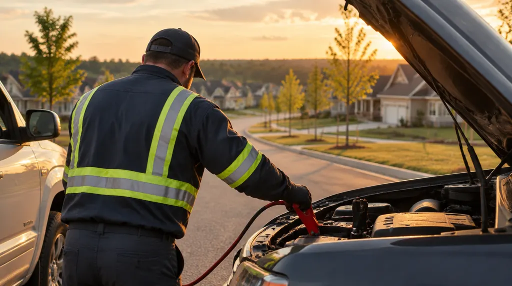 A roadside assistance worker jump-starting a car in Rock Hill, SC