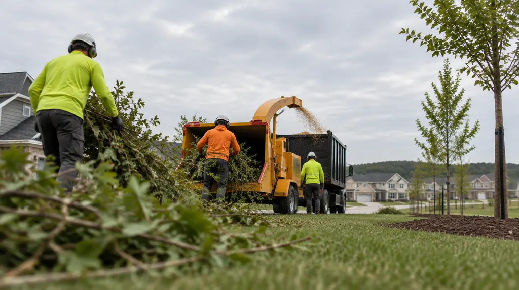 A crew feeding branches into a wood chipper in Rock Hill, SC