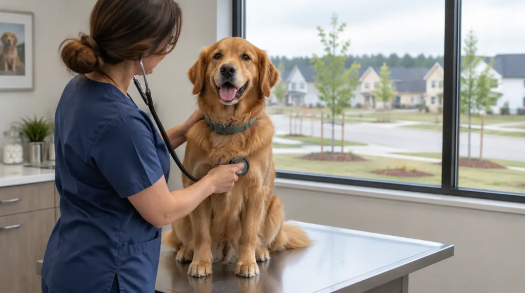 A veterinarian examining a happy dog on an exam table in Rock Hill, SC