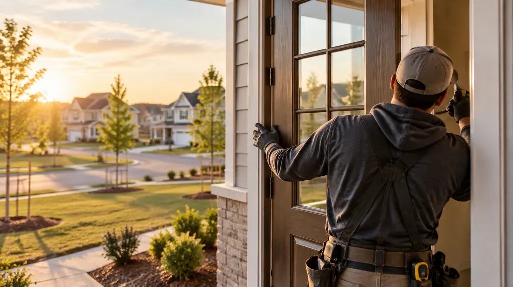 An installer hanging a new front entry door in Rock Hill, SC
