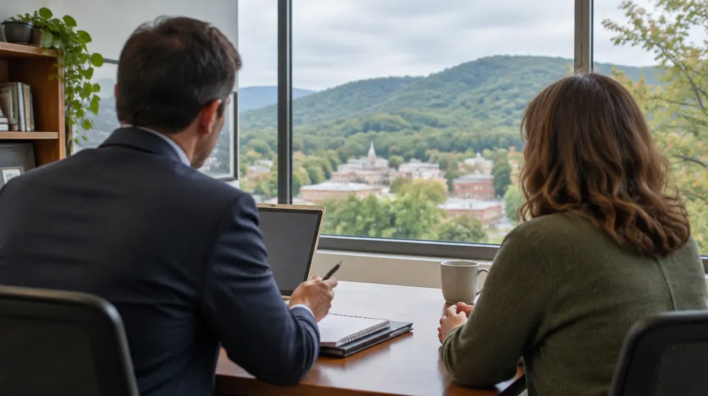 A CPA meeting a small business owner in a bright office in Simpsonville, SC