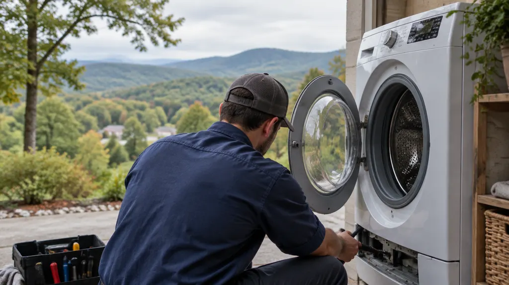 A technician fixing a front-load washer in Simpsonville, SC