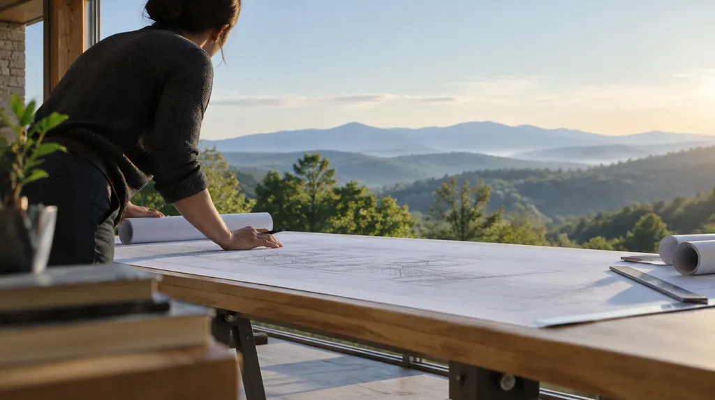 An architect reviewing blueprints at a drafting table in Simpsonville, SC